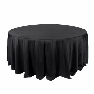 Polyester |  132″ Black Seamless Polyester Round Tablecloth for 6 Foot Table With Floor-Length Drop