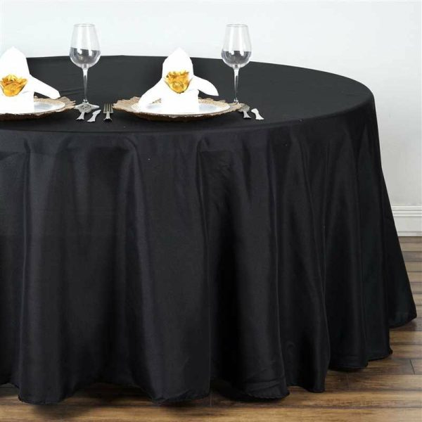 Polyester |  132″ Black Seamless Polyester Round Tablecloth for 6 Foot Table With Floor-Length Drop