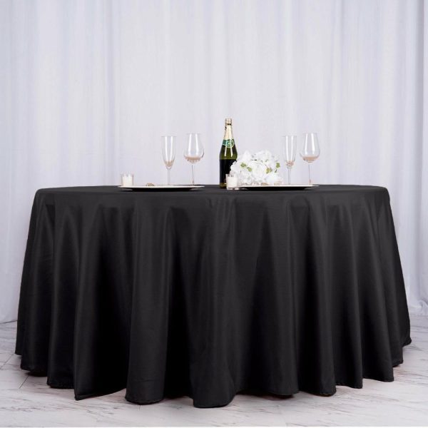 Polyester |  132″ Black Seamless Polyester Round Tablecloth for 6 Foot Table With Floor-Length Drop