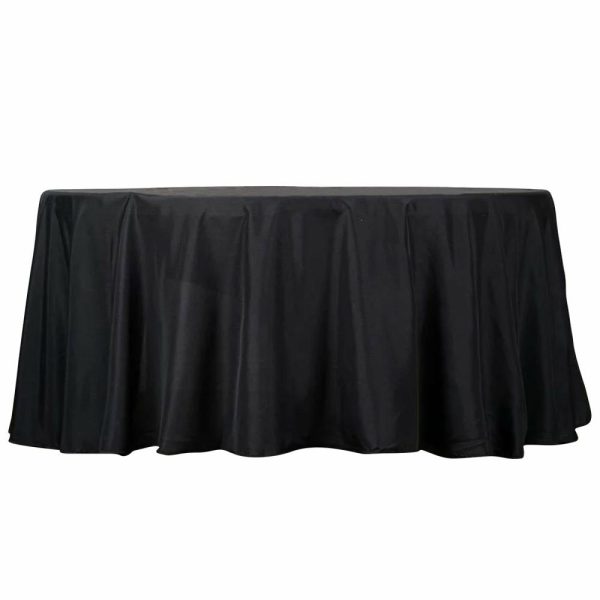 Polyester |  132″ Black Seamless Polyester Round Tablecloth for 6 Foot Table With Floor-Length Drop