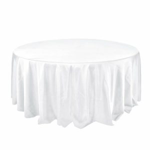 Polyester |  132″ White Seamless Polyester Round Tablecloth for 6 Foot Table With Floor-Length Drop