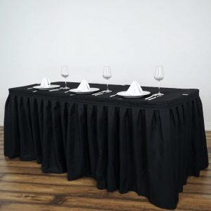 Polyester |  14ft Black Pleated Polyester Table Skirt, Banquet Folding Table Skirt