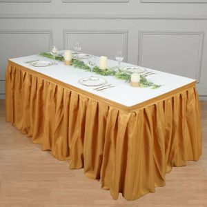 Polyester |  14ft Gold Pleated Polyester Table Skirt, Banquet Folding Table Skirt