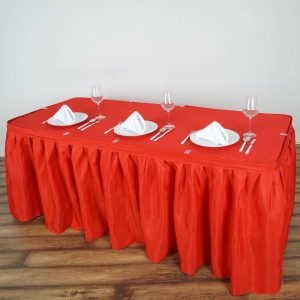 Polyester |  14ft Red Pleated Polyester Table Skirt, Banquet Folding Table Skirt