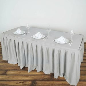 Polyester |  14ft Silver Pleated Polyester Table Skirt, Banquet Folding Table Skirt