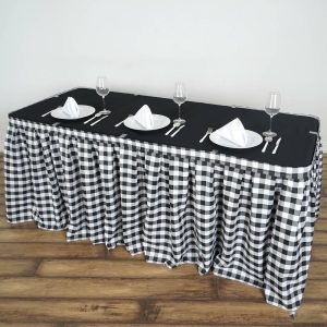 Polyester |  14ft White Black Buffalo Plaid Gingham Table Skirt, Checkered Polyester Table Skirt