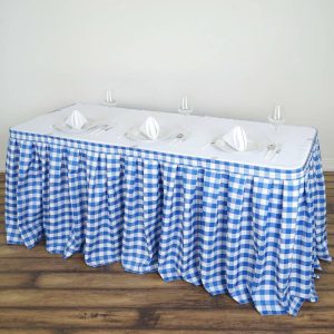 Polyester |  14ft White Blue Buffalo Plaid Gingham Table Skirt, Checkered Polyester Table Skirt