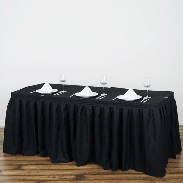 Polyester |  17ft Black Pleated Polyester Table Skirt, Banquet Folding Table Skirt