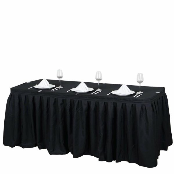 Polyester |  17ft Black Pleated Polyester Table Skirt, Banquet Folding Table Skirt