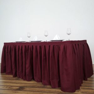 Polyester |  17ft Burgundy Pleated Polyester Table Skirt, Banquet Folding Table Skirt