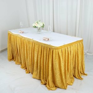 Polyester |  17ft Gold Metallic Shimmer Tinsel Spandex Pleated Table Skirt with Top Velcro Strip