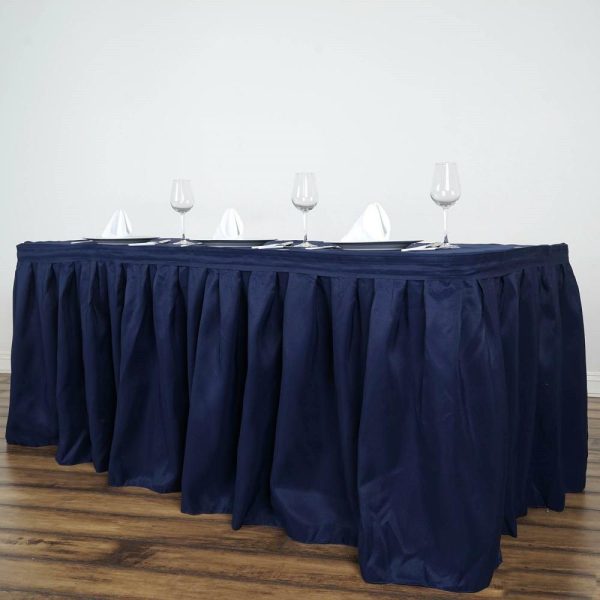 Polyester |  17ft Navy Blue Pleated Polyester Table Skirt, Banquet Folding Table Skirt