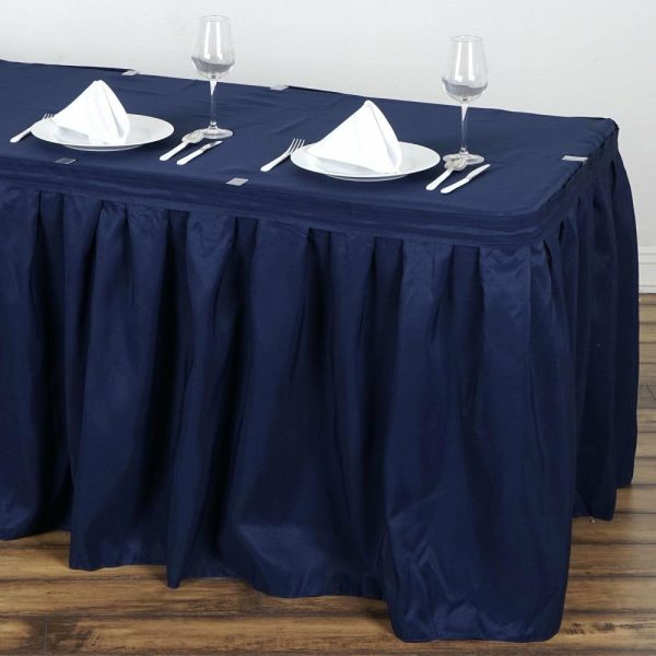 Polyester |  17ft Navy Blue Pleated Polyester Table Skirt, Banquet Folding Table Skirt