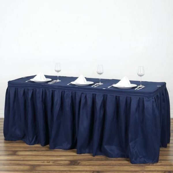 Polyester |  17ft Navy Blue Pleated Polyester Table Skirt, Banquet Folding Table Skirt