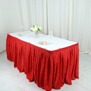 Polyester |  17ft Red Metallic Shimmer Tinsel Spandex Pleated Table Skirt with Top Velcro Strip