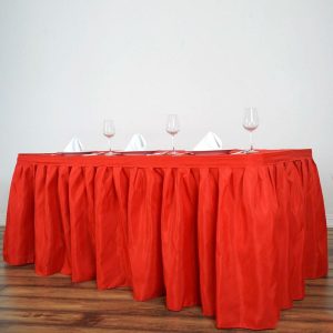 Polyester |  17ft Red Pleated Polyester Table Skirt, Banquet Folding Table Skirt