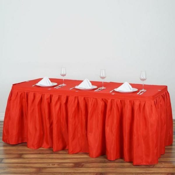 Polyester |  17ft Red Pleated Polyester Table Skirt, Banquet Folding Table Skirt