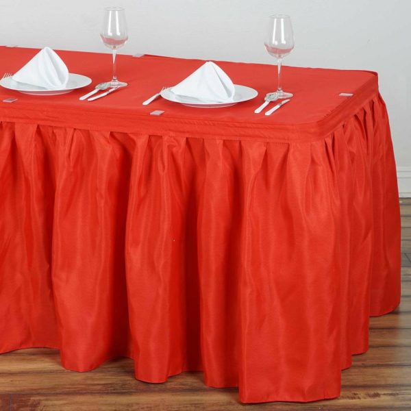 Polyester |  17ft Red Pleated Polyester Table Skirt, Banquet Folding Table Skirt