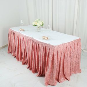 Polyester |  17ft Rose Gold Metallic Shimmer Tinsel Spandex Pleated Table Skirt with Top Velcro Strip