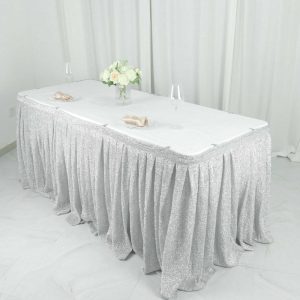 Polyester |  17ft Silver Metallic Shimmer Tinsel Spandex Pleated Table Skirt with Top Velcro Strip