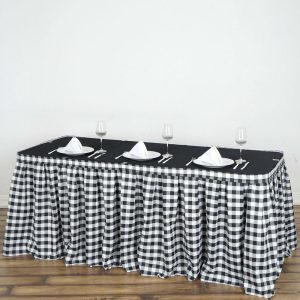 Polyester |  17ft White Black Buffalo Plaid Gingham Table Skirt, Checkered Polyester Table Skirt