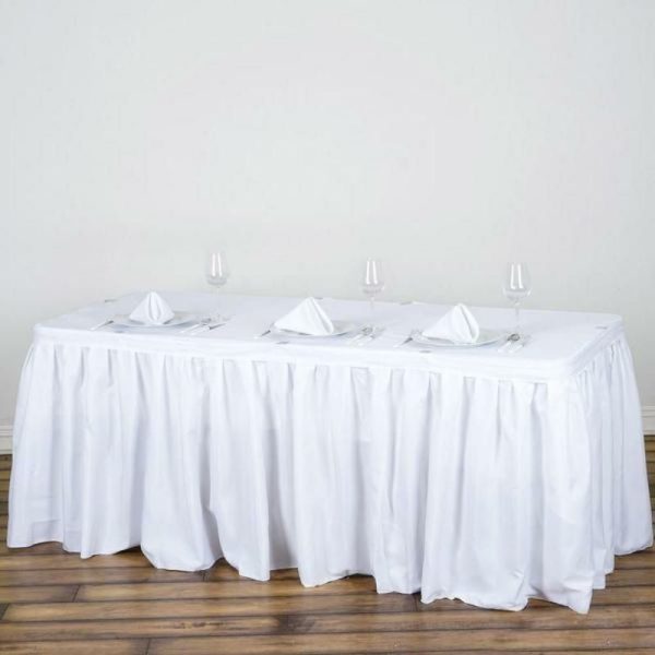 Polyester |  17ft White Pleated Polyester Table Skirt, Banquet Folding Table Skirt