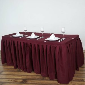 Polyester |  21ft Burgundy Pleated Polyester Table Skirt, Banquet Folding Table Skirt