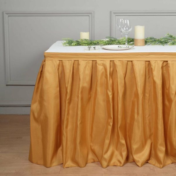 Polyester |  21ft Gold Pleated Polyester Table Skirt, Banquet Folding Table Skirt