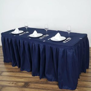 Polyester |  21ft Navy Blue Pleated Polyester Table Skirt, Banquet Folding Table Skirt