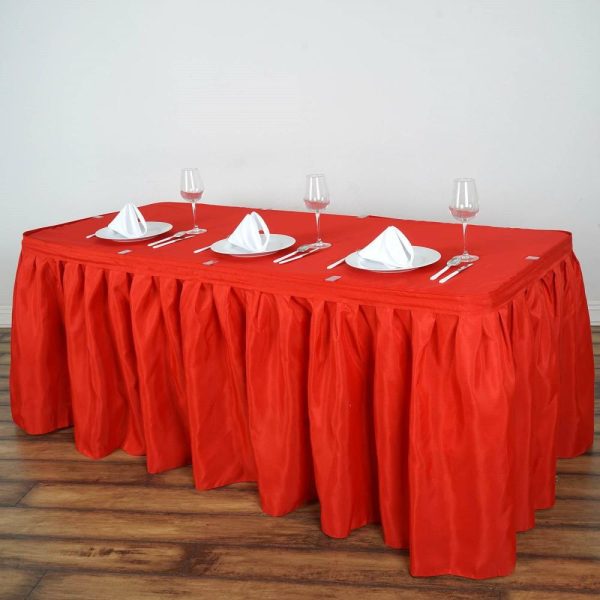 Polyester |  21ft Red Pleated Polyester Table Skirt, Banquet Folding Table Skirt