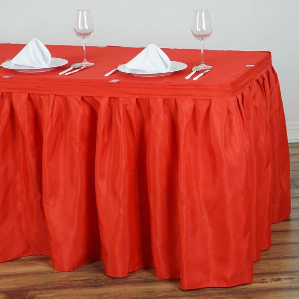 Polyester |  21ft Red Pleated Polyester Table Skirt, Banquet Folding Table Skirt