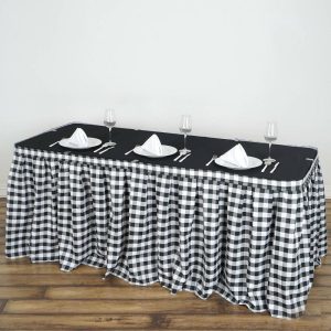 Polyester |  21ft White Black Buffalo Plaid Gingham Table Skirt, Checkered Polyester Table Skirt