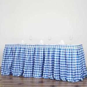 Polyester |  21ft White Blue Buffalo Plaid Gingham Table Skirt, Checkered Polyester Table Skirt