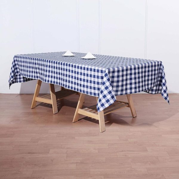 Polyester |  60″x102″ White Navy Blue Seamless Buffalo Plaid Rectangle Tablecloth, Checkered Polyester Linen Tablecloth