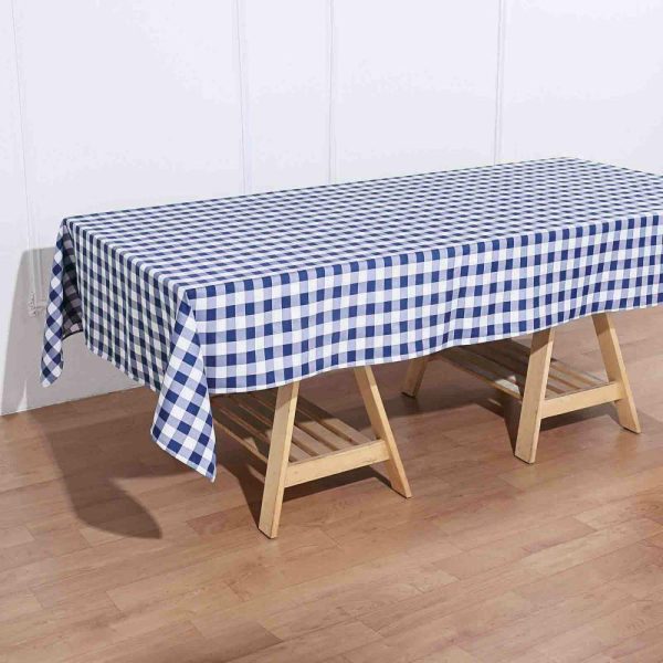 Polyester |  60″x102″ White Navy Blue Seamless Buffalo Plaid Rectangle Tablecloth, Checkered Polyester Linen Tablecloth