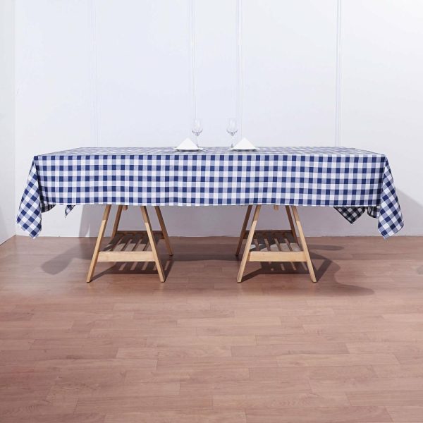 Polyester |  60″x102″ White Navy Blue Seamless Buffalo Plaid Rectangle Tablecloth, Checkered Polyester Linen Tablecloth