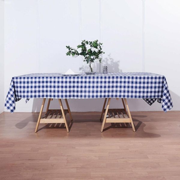 Polyester |  60″x102″ White Navy Blue Seamless Buffalo Plaid Rectangle Tablecloth, Checkered Polyester Linen Tablecloth