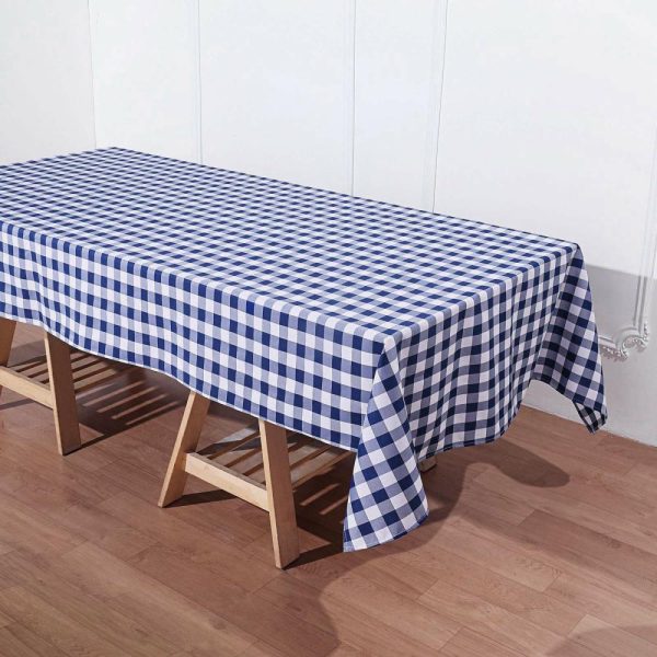 Polyester |  60″x102″ White Navy Blue Seamless Buffalo Plaid Rectangle Tablecloth, Checkered Polyester Linen Tablecloth