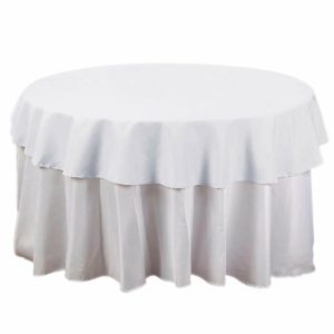 Polyester |  70″ Round White Seamless Polyester Linen Tablecloth