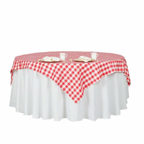 Polyester |  70″x70″ White Red Seamless Buffalo Plaid Square Table Overlay, Gingham Polyester Checkered Table Overlay