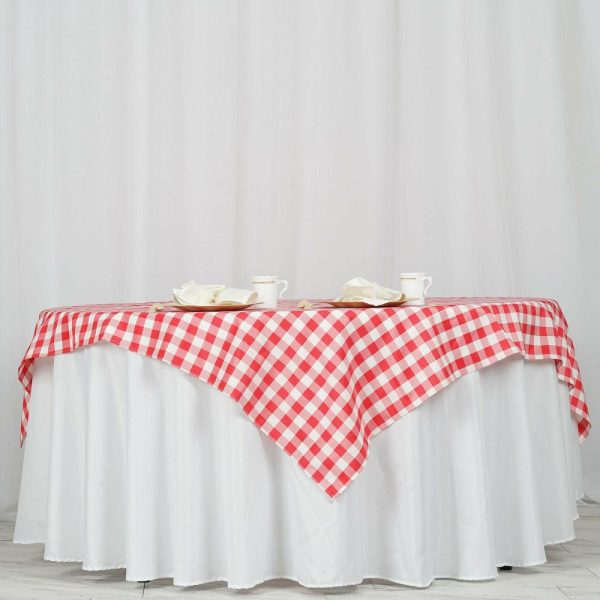 Polyester |  70″x70″ White Red Seamless Buffalo Plaid Square Table Overlay, Gingham Polyester Checkered Table Overlay