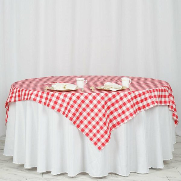 Polyester |  70″x70″ White Red Seamless Buffalo Plaid Square Table Overlay, Gingham Polyester Checkered Table Overlay