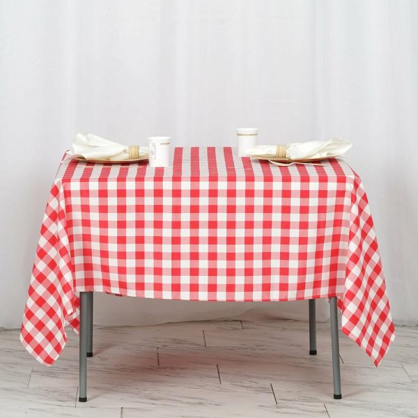 Polyester |  70″x70″ White Red Seamless Buffalo Plaid Square Table Overlay, Gingham Polyester Checkered Table Overlay