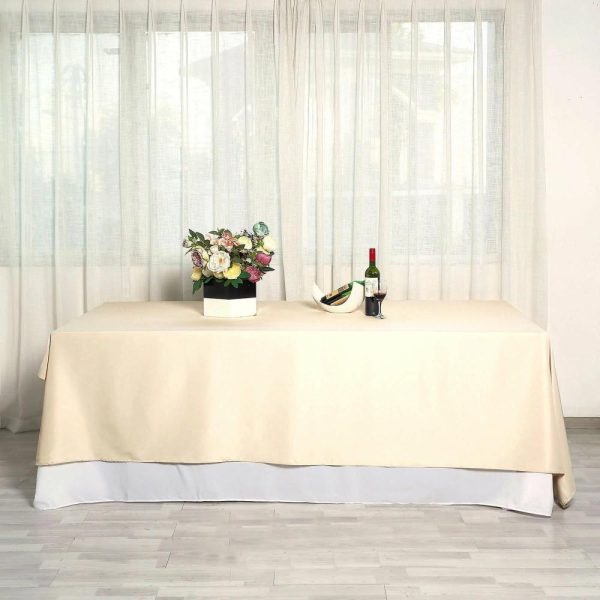 Polyester |  90″x132″ Beige Seamless Polyester Rectangular Tablecloth for 6 Foot Table With Floor-Length Drop