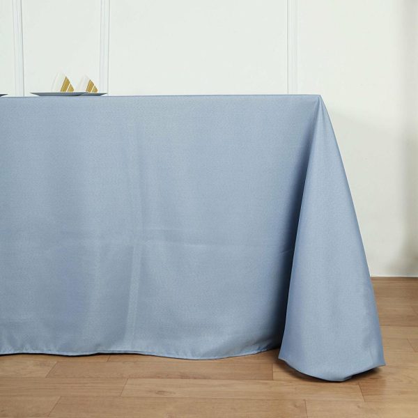 Polyester |  90″x132″ Dusty Blue Seamless Polyester Rectangular Tablecloth for 6 Foot Table With Floor-Length Drop