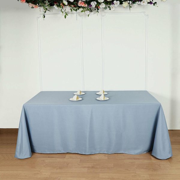 Polyester |  90″x132″ Dusty Blue Seamless Polyester Rectangular Tablecloth for 6 Foot Table With Floor-Length Drop