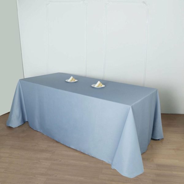 Polyester |  90″x132″ Dusty Blue Seamless Polyester Rectangular Tablecloth for 6 Foot Table With Floor-Length Drop