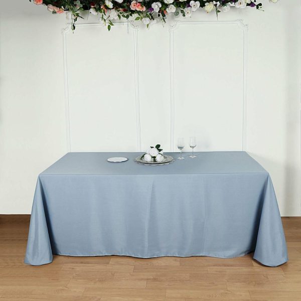 Polyester |  90″x132″ Dusty Blue Seamless Polyester Rectangular Tablecloth for 6 Foot Table With Floor-Length Drop