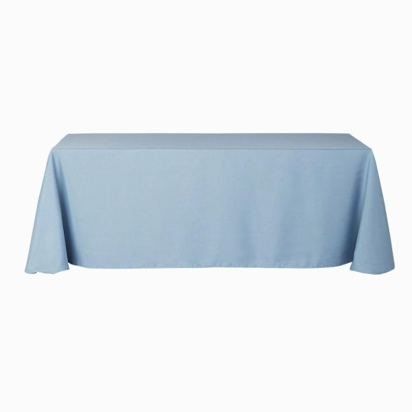 Polyester |  90″x132″ Dusty Blue Seamless Polyester Rectangular Tablecloth for 6 Foot Table With Floor-Length Drop