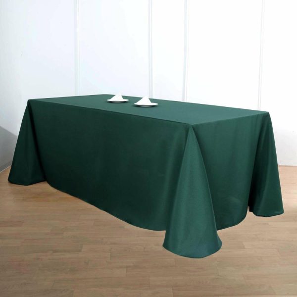 Polyester |  90″x132″ Hunter Emerald Green Seamless Polyester Rectangular Tablecloth for 6 Foot Table With Floor-Length Drop